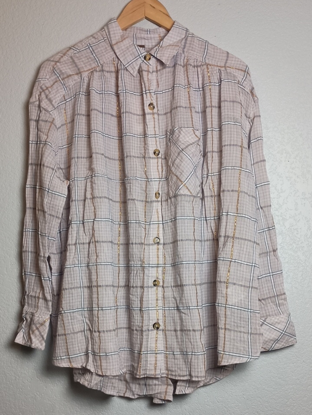 NWT Free People Oversized Pink Sparkly Plaid Button Up Top Size Small